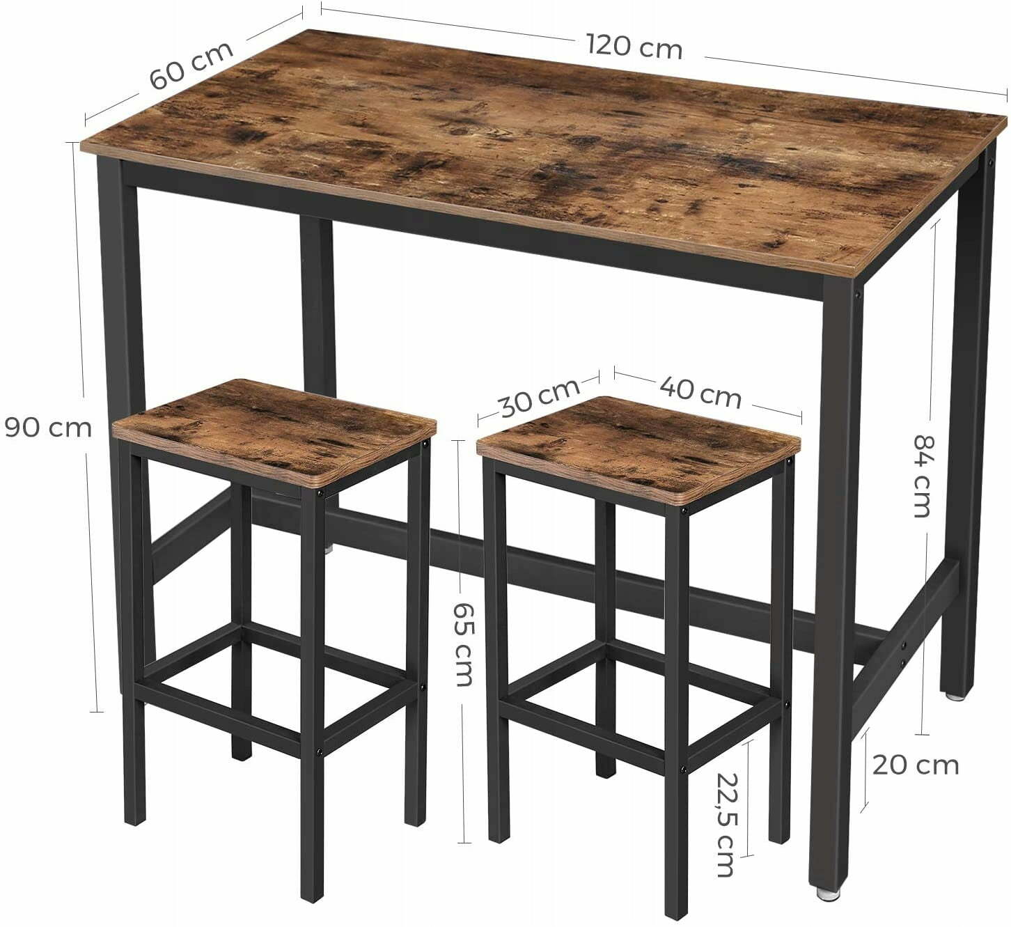 Stół + 2 hokery 120x60x90 | 40x30x65 VST4 - wymiary